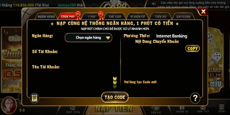 Nạp tiền vào tài khoản để bắt đầu cá cược