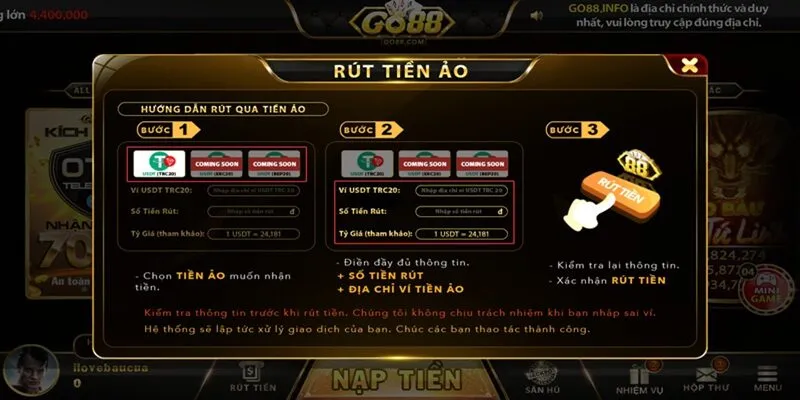 Tỷ lệ đổi thưởng tiền ảo cực cao chỉ có tại rút tiền Go88